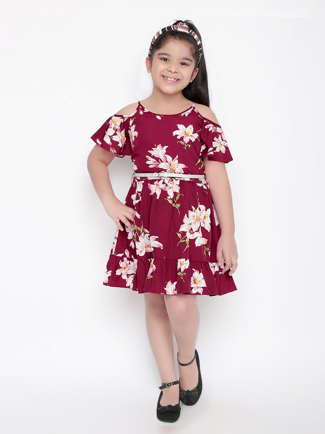 Naughty Ninos Maroon & White Cold-Shoulder Sleeves Floral Dress
