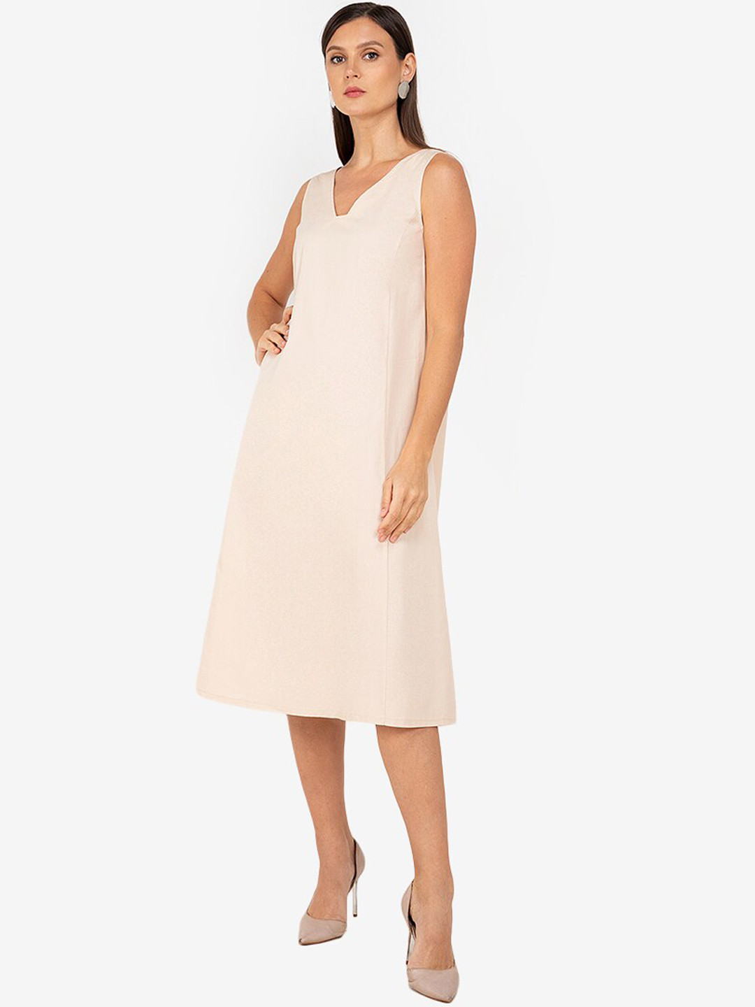 ZALORA WORK Beige Sleeveless A-Line Midi Formal Dress