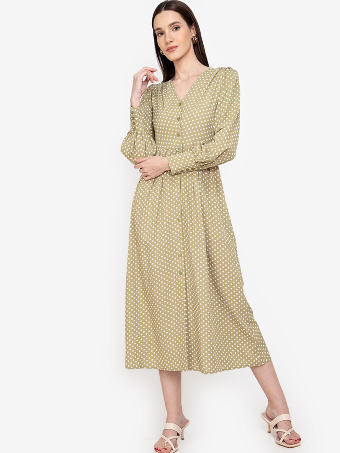 ZALORA WORK Women Green & White Printed Dress