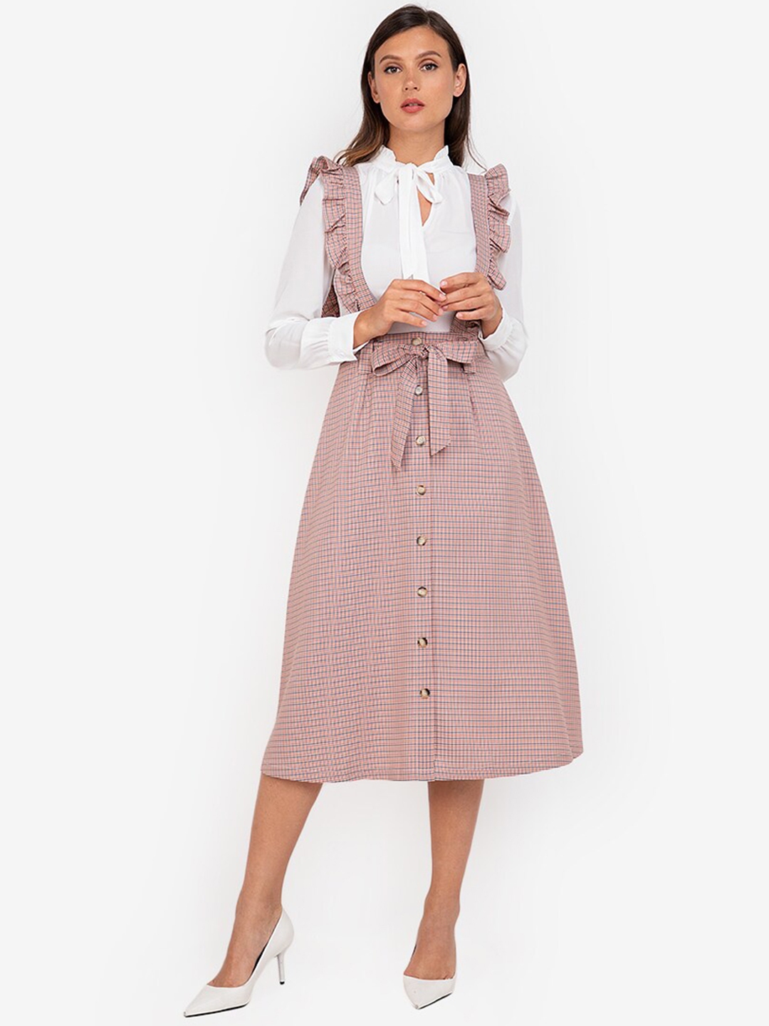 Buy ZALORA WORK Pink White Checked Tie Up Neck Pinafore Midi