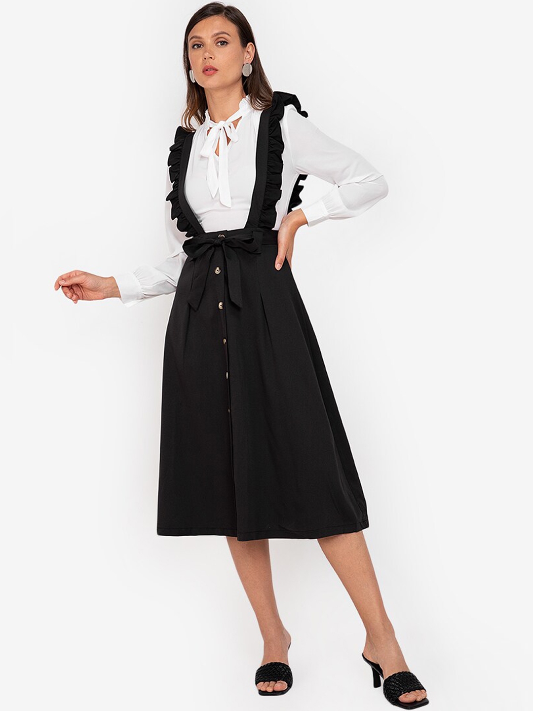 Buy ZALORA WORK Women Black & White Solid Tie Up Neck Pinafore