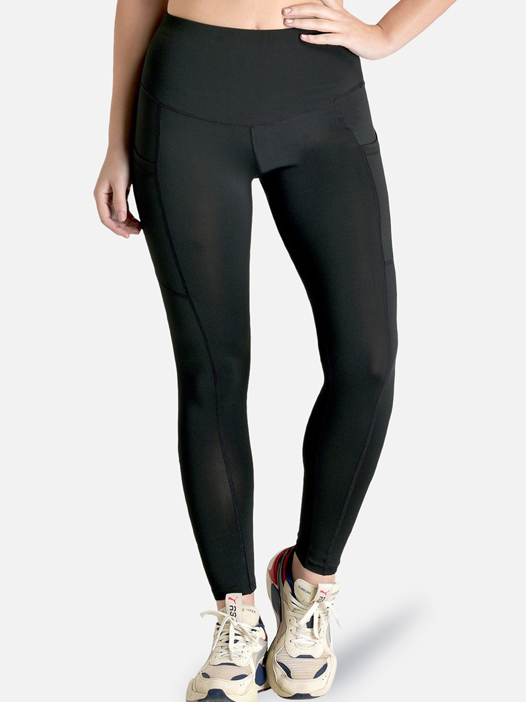 MAKCLAN Women Black Solid Skin-Fit Ankle-Length Pocket Leggings