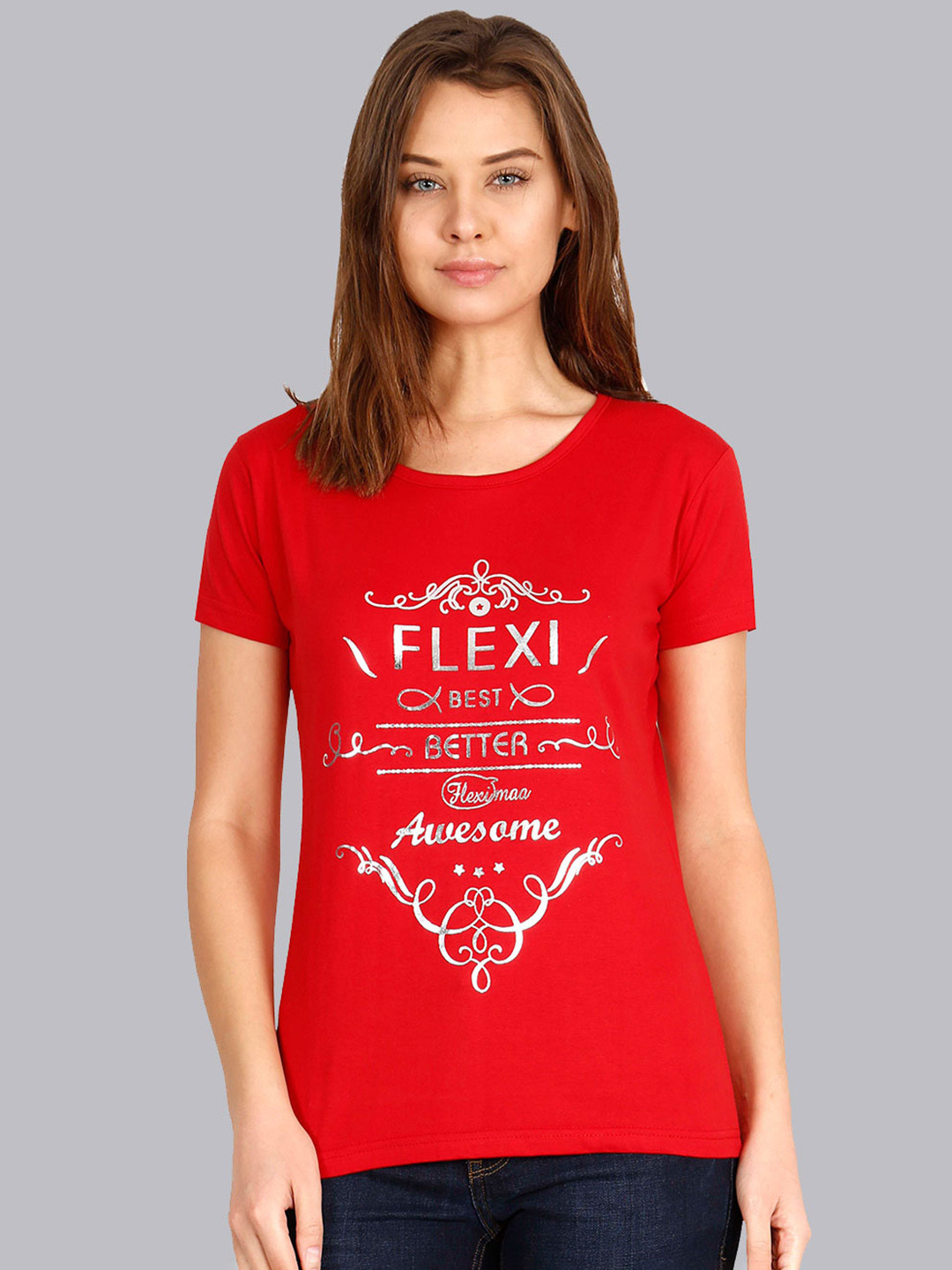 Fleximaa Women Red Printed Cotton T-shirt