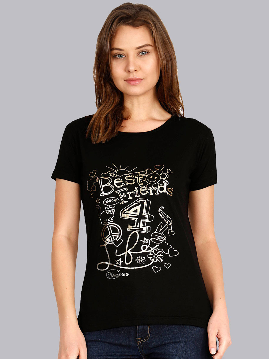 Fleximaa Women Black Typography Printed T-shirt