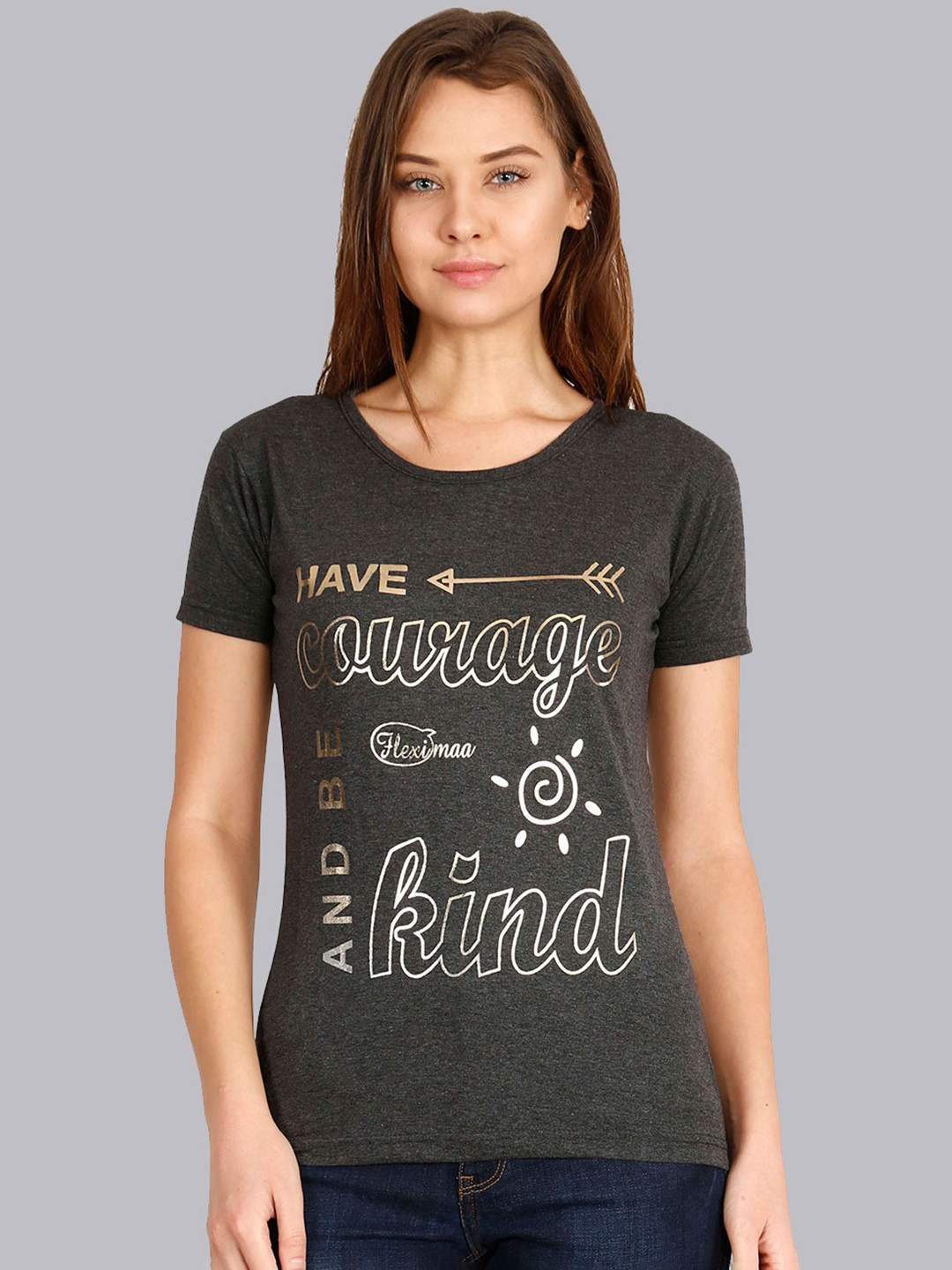 Fleximaa Women Charcoal Typography Foil Printed T-shirt