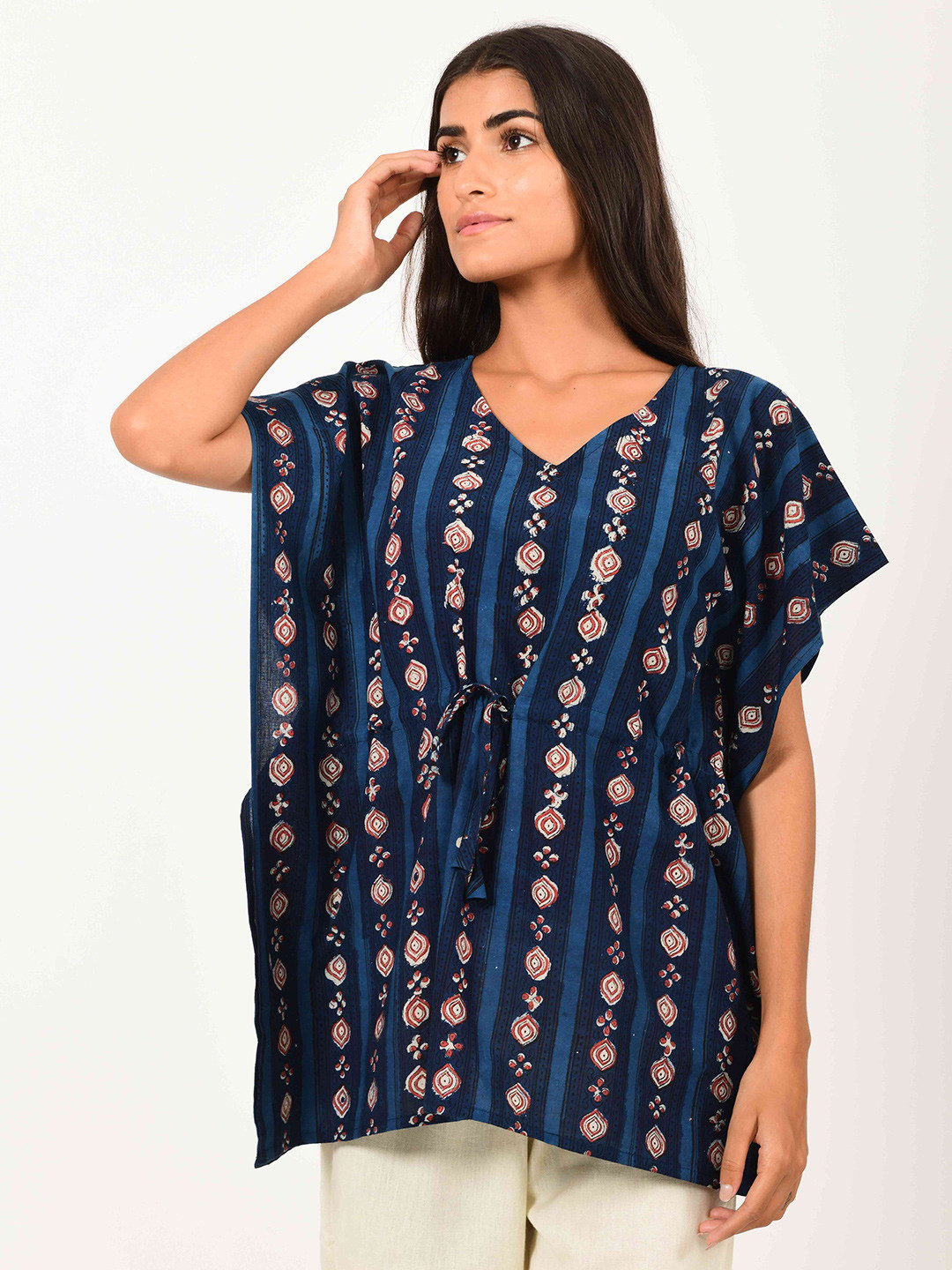 House of Dhaaga Navy Blue Floral Printed V-Neck Flared Sleeves Pure Cotton Kaftan Kurti