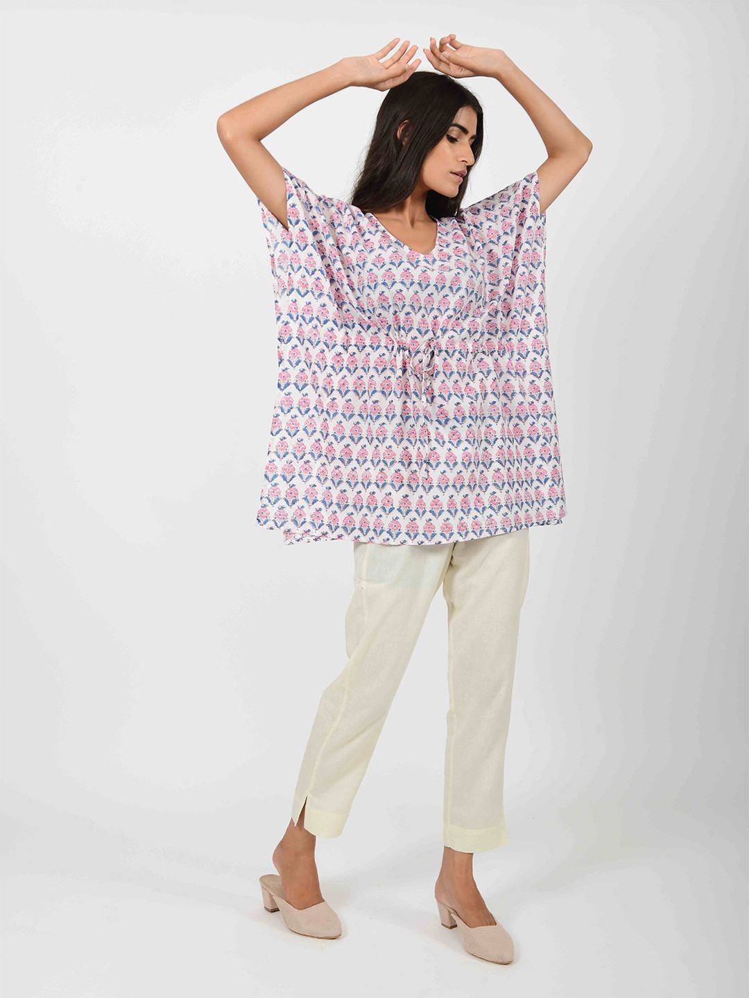 House of Dhaaga White & Blue Ethnic Motifs Printed V-Neck Extended Sleeves Pure Cotton Kaftan Kurti