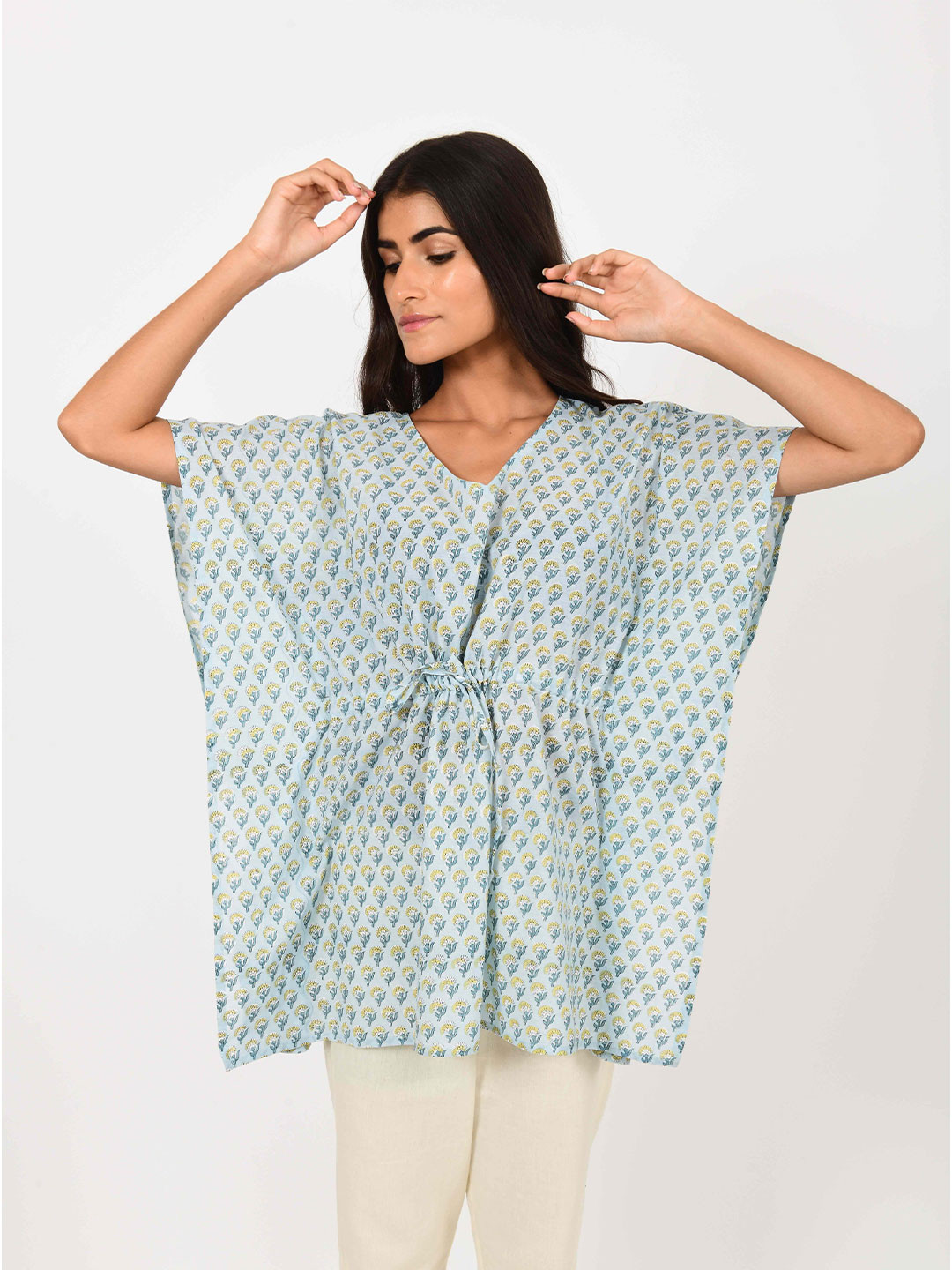 House of Dhaaga Blue Floral Printed V-Neck Flared Sleeves Pure Cotton Kaftan Kurti