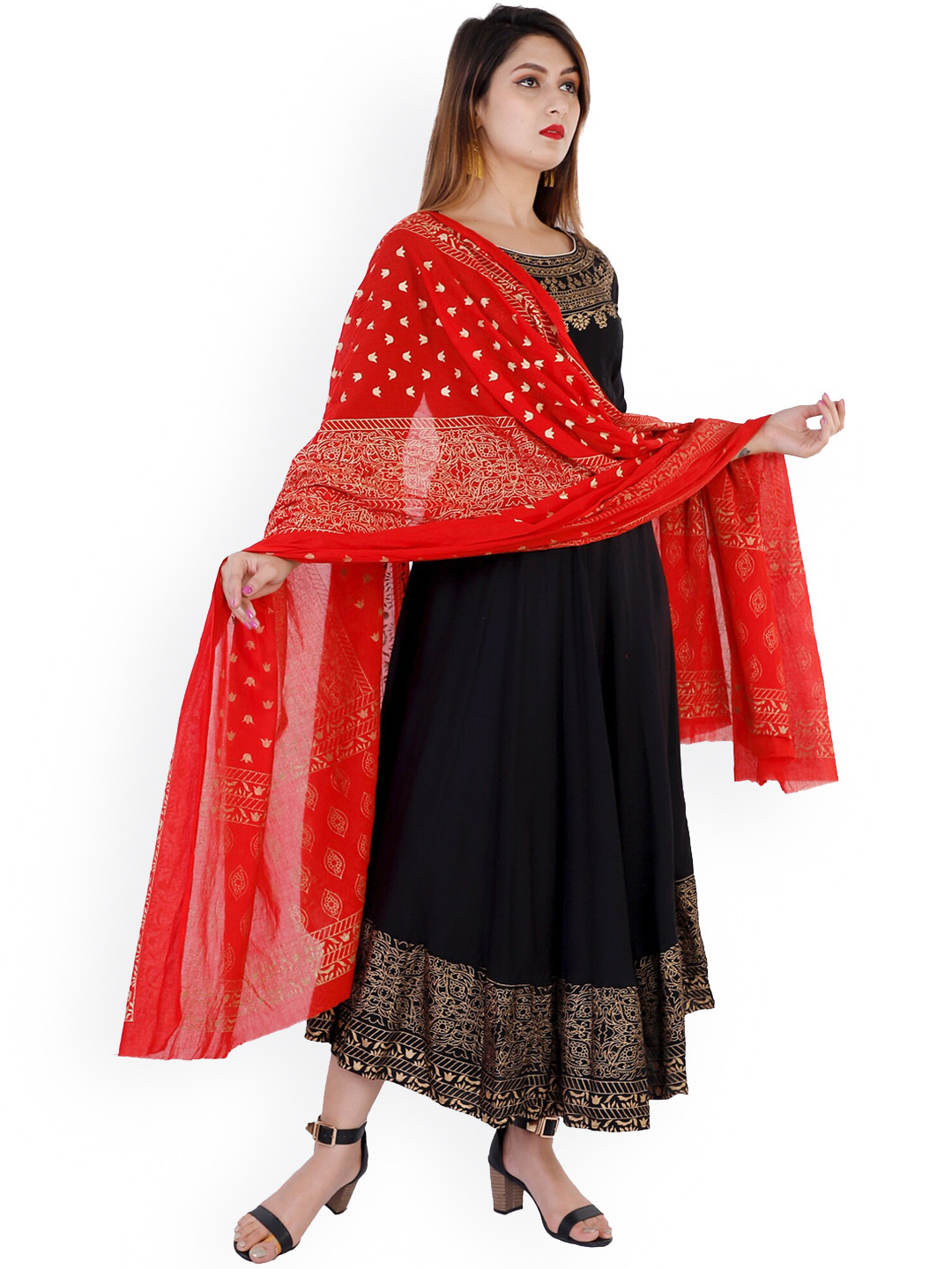 SBR BABA KURTI Women Black Printed Kurta With Dupatta