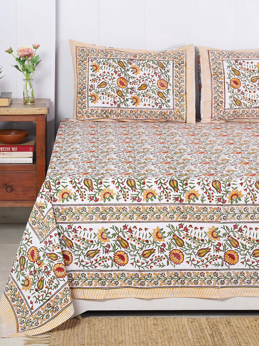 HANDICRAFT PALACE White Floral Cotton 300 TC Queen Fine Bedsheet with 2 Pillow Covers-108 x 90 inches
