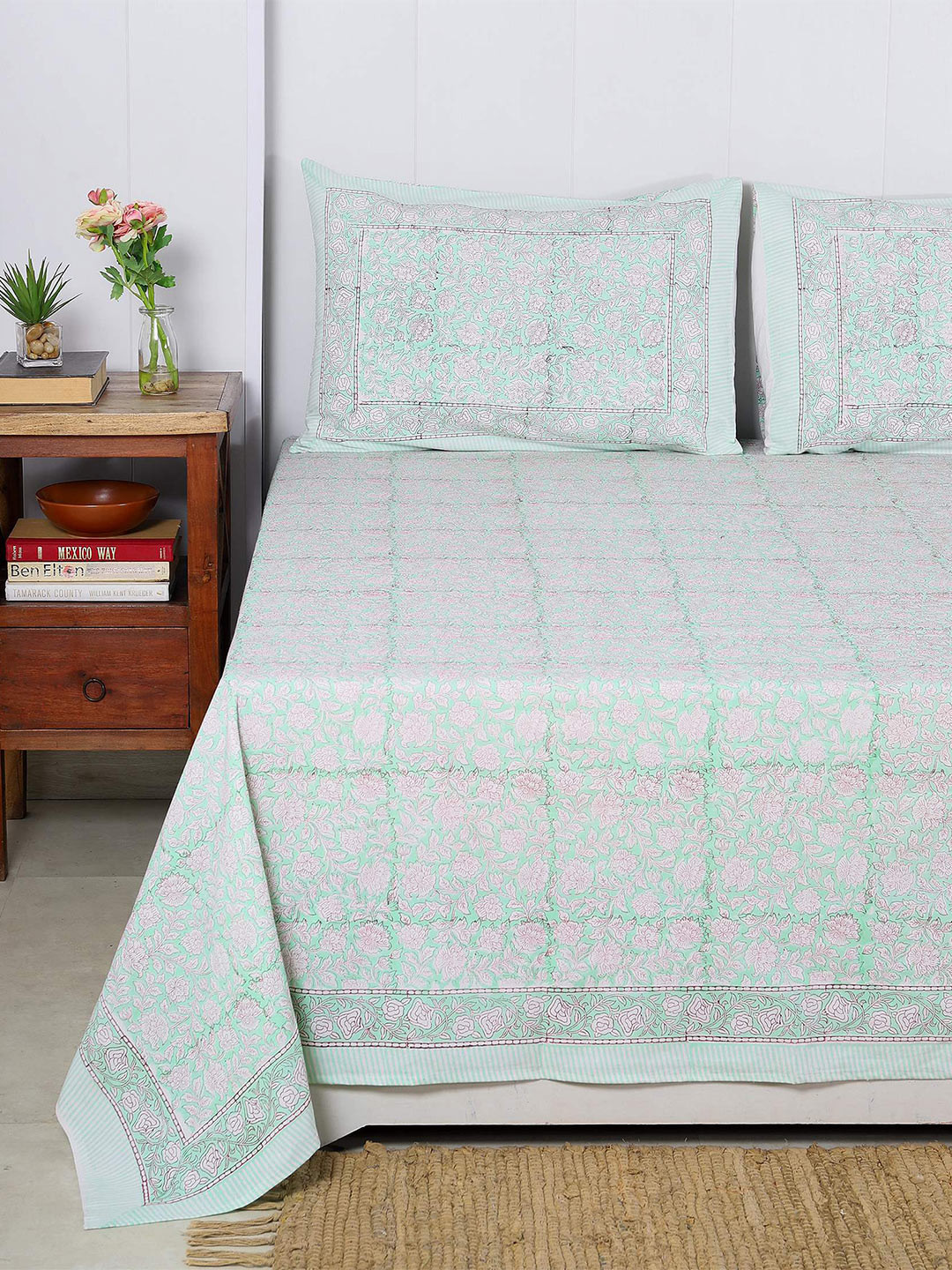 HANDICRAFT PALACE Sea Green Ethnic Motifs Cotton 300 TC Queen Fine Bedsheet with 2 Pillow Covers-275 x 230 cm