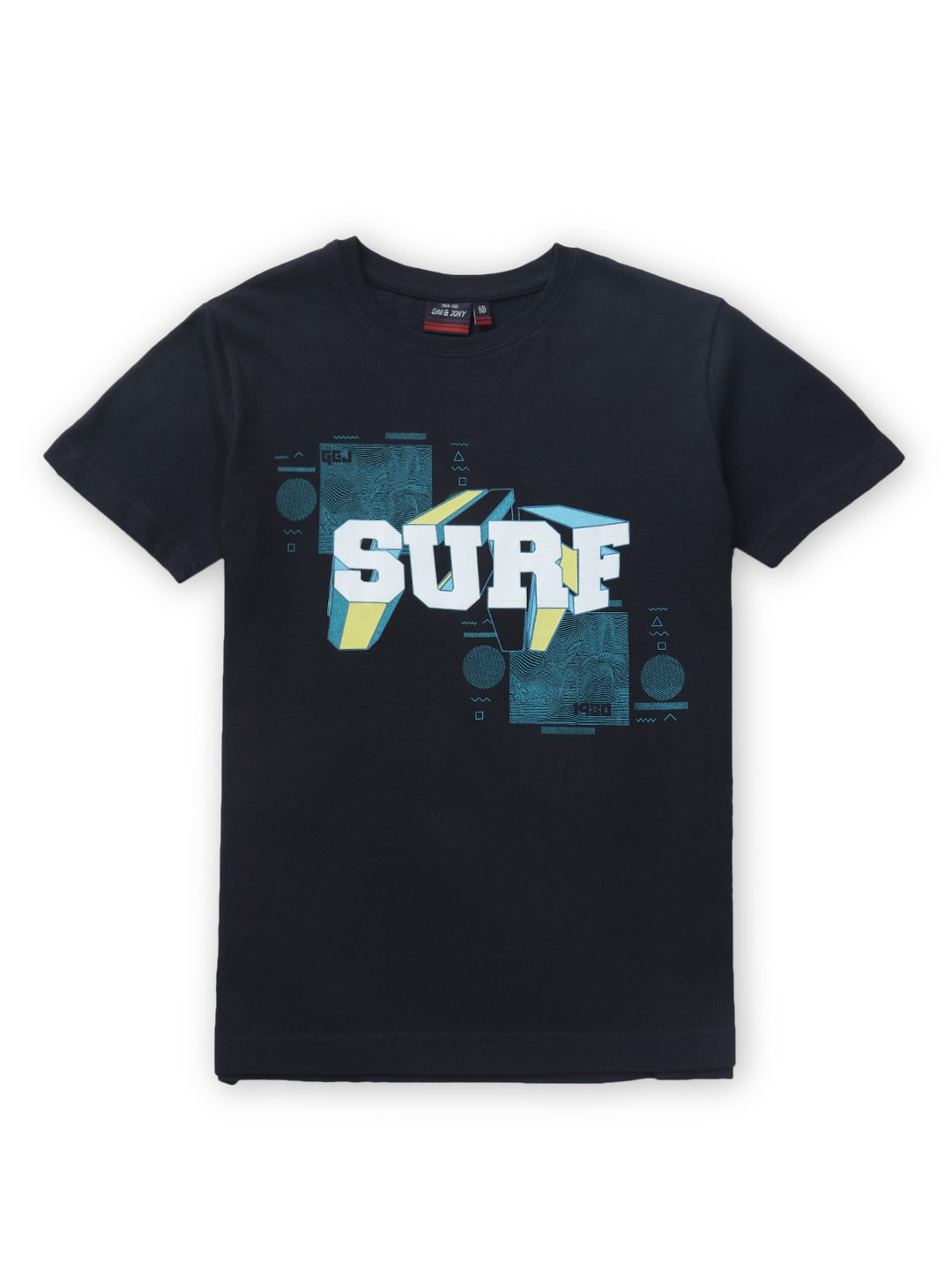 Gini and Jony Boys Navy Blue Typography Printed Applique T-shirt