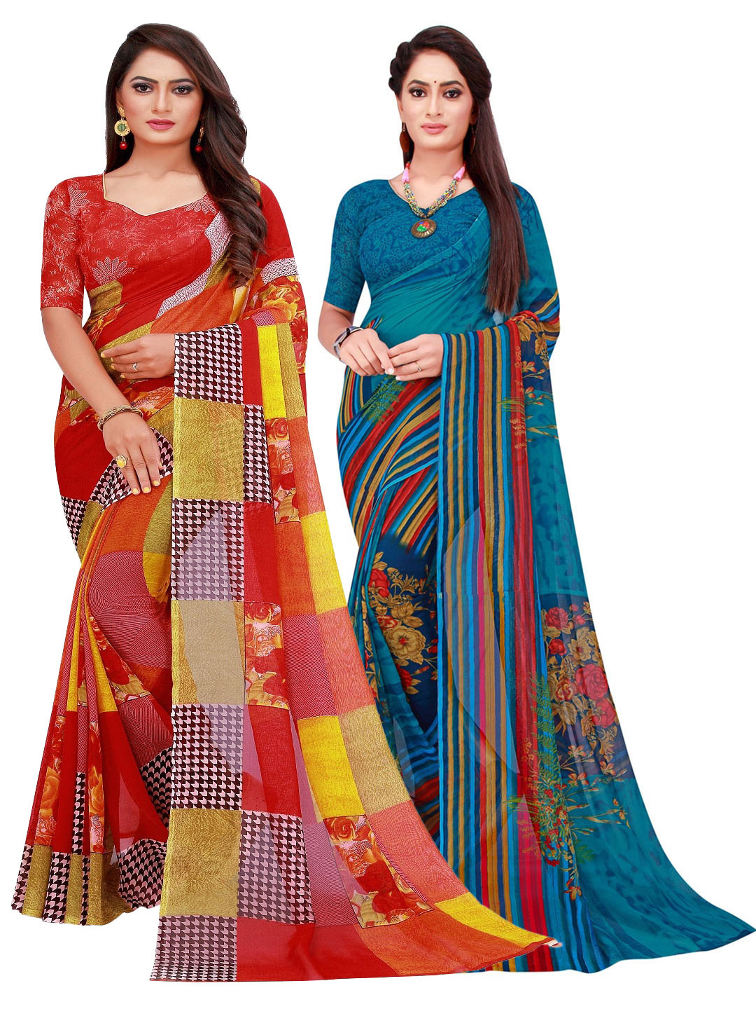 KALINI Pack Of 2 Red & Teal Pure Georgette Saree