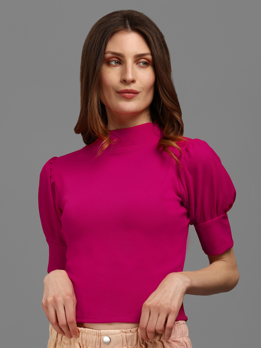 PURVAJA Pink Solid High Neck Crop Top