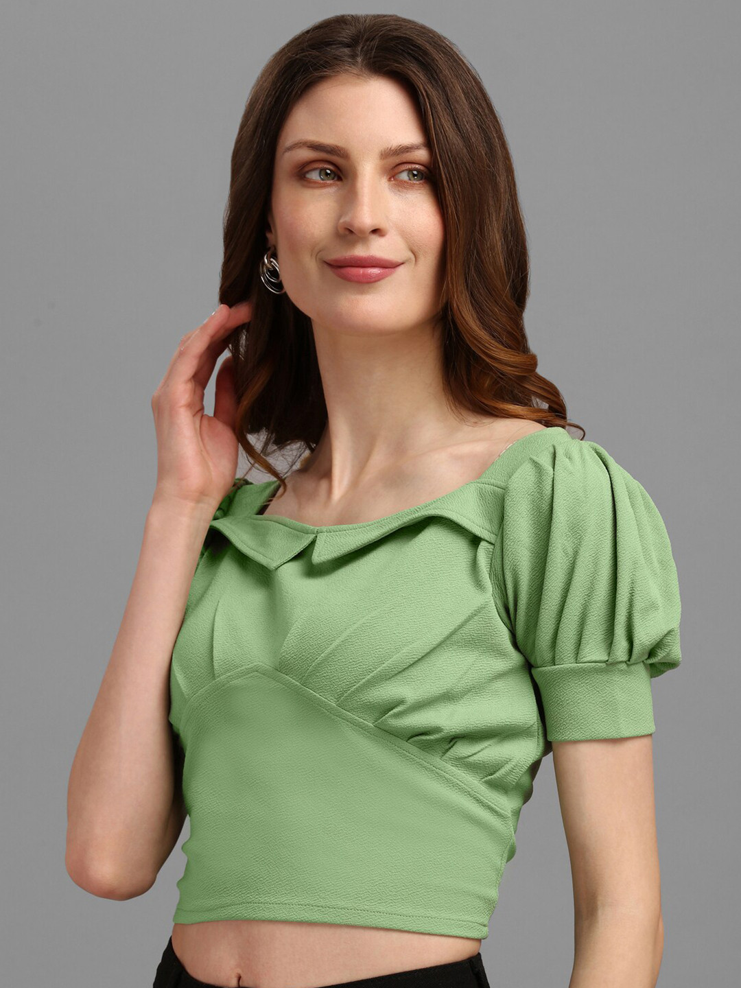 PURVAJA Lime Green Solid Puff Sleeves Crop Top