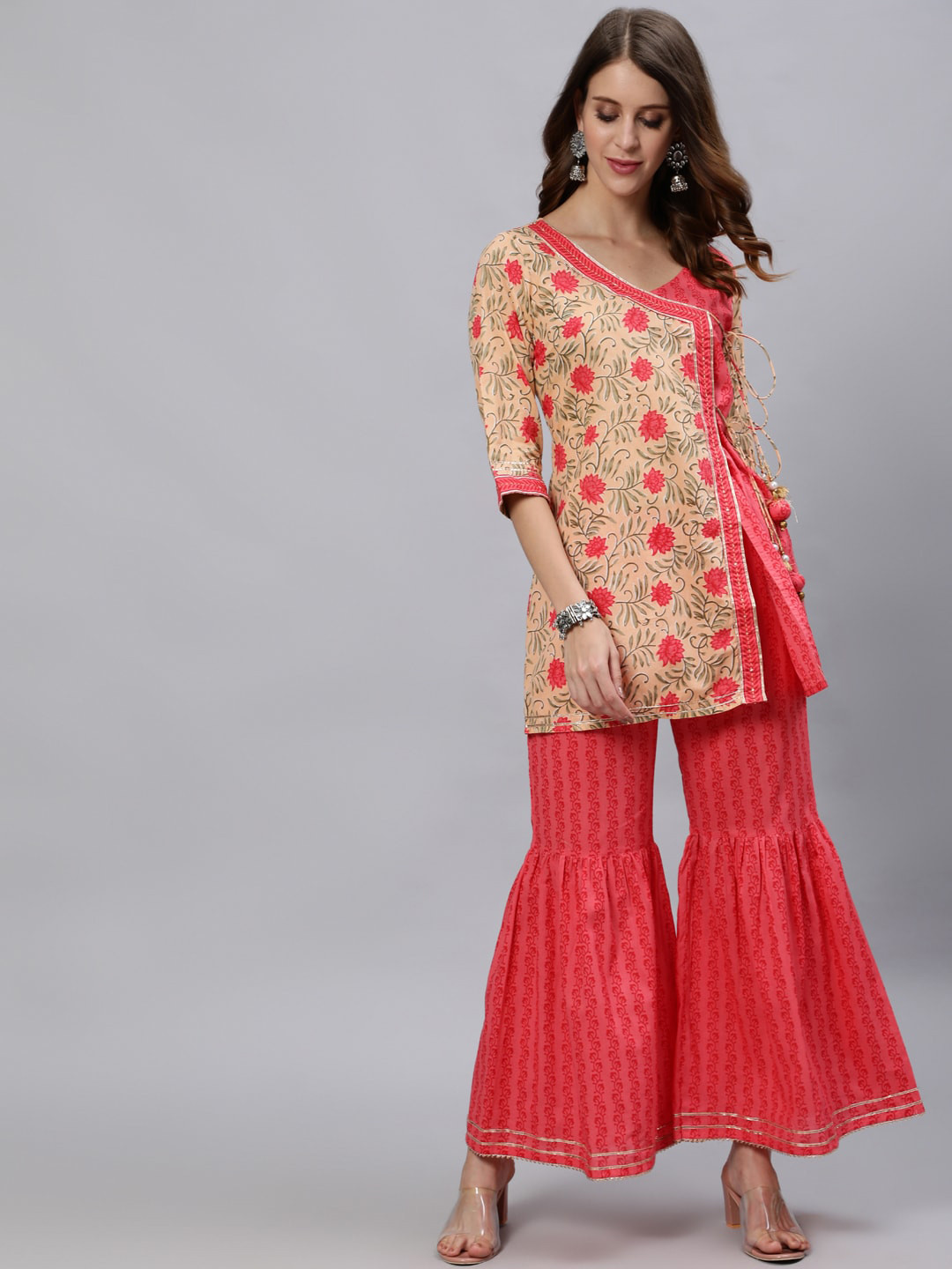 Jaipur Kurti Women Yellow Floral Printed Panelled Gotta Patti Pure Cotton Kurti with Sharara