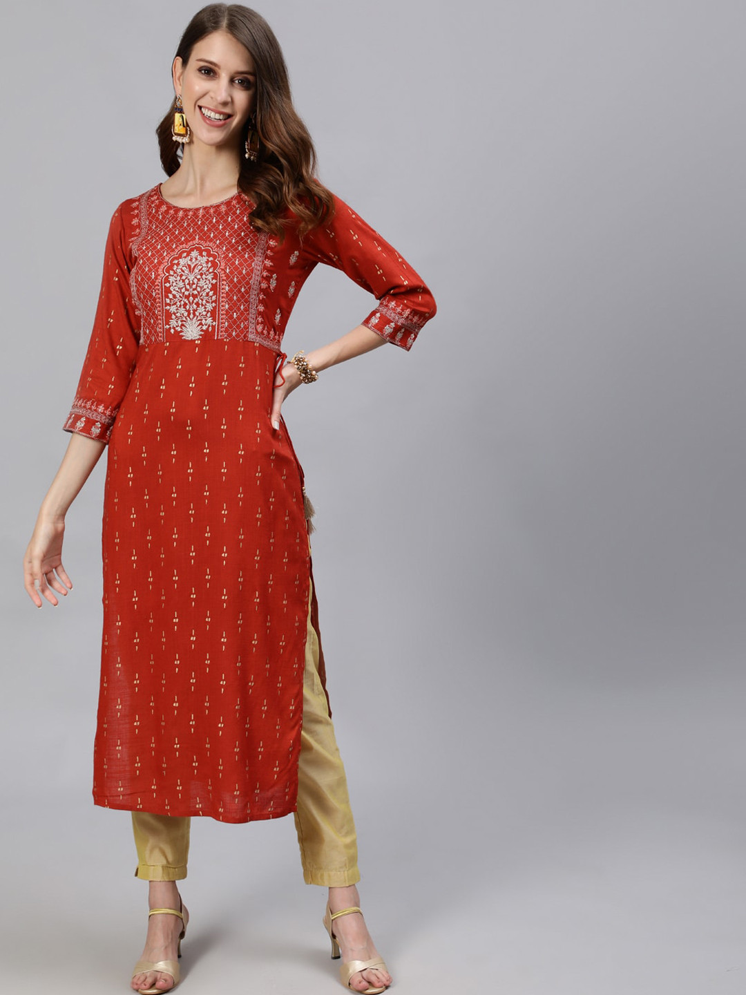 Jaipur Kurti Women Rust Heavy Embroidered Gold Khadi Print Rayon Slub Kurta