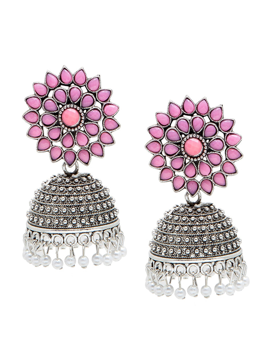 Shining Jewel - By Shivansh Pink Oxidised Ethnic Jhumka With CZ & Pearls Earrings