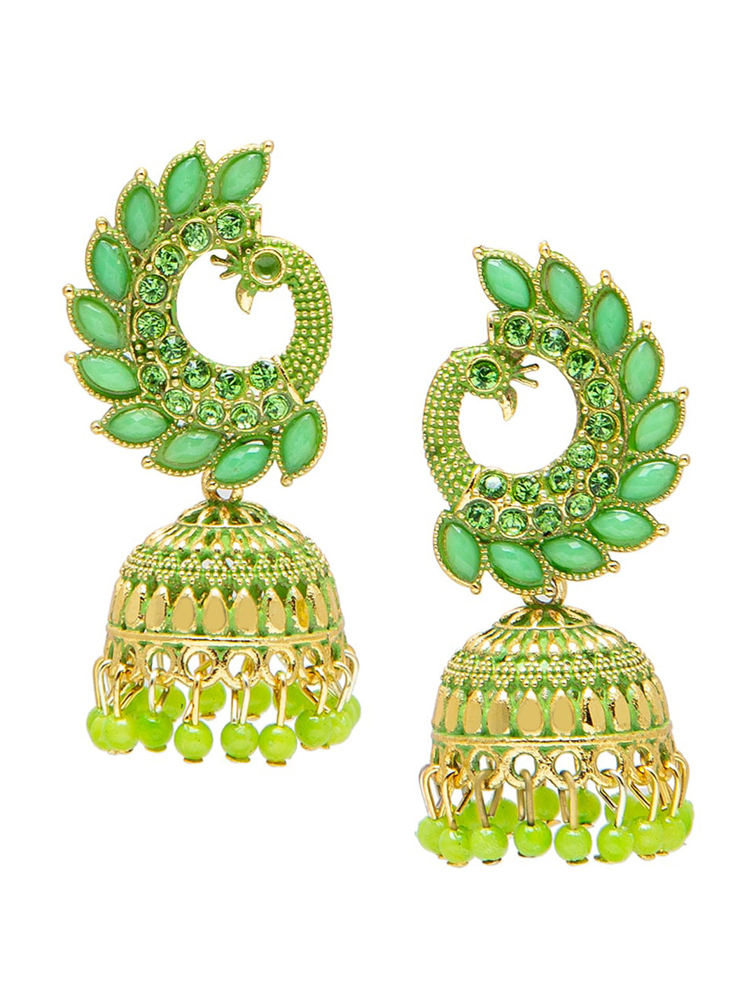 Shining Jewel - By Shivansh Light Green Kundan & Pearls Gold Plated Antique Peacock Jhumka