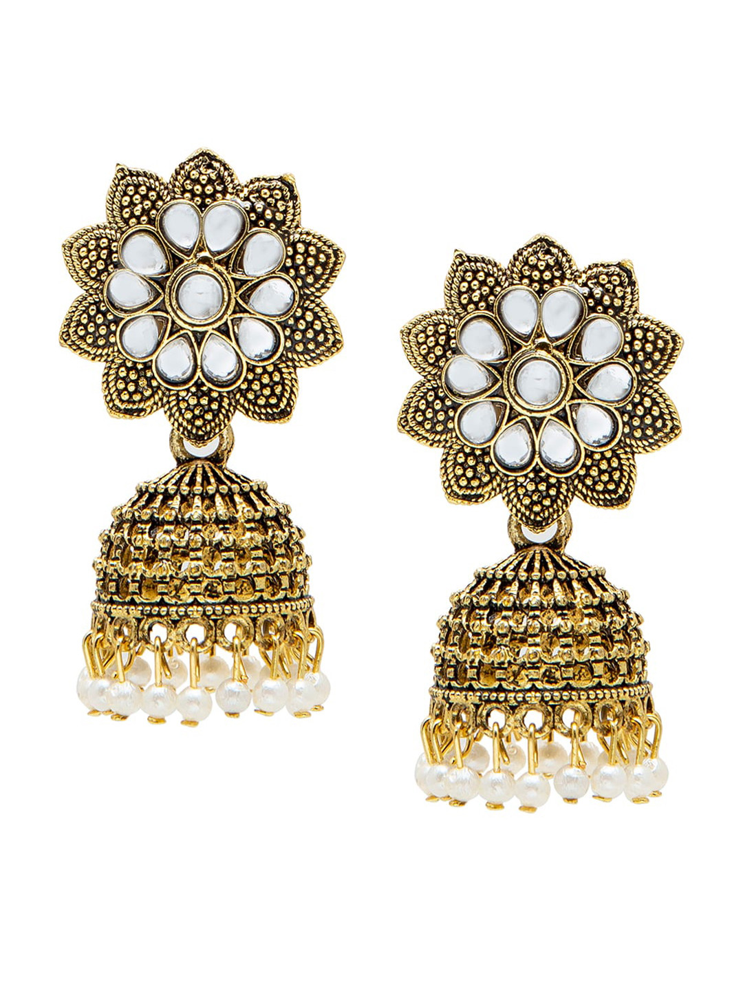 Shining Jewel - By Shivansh White & Gold Toned Antique Jhumka