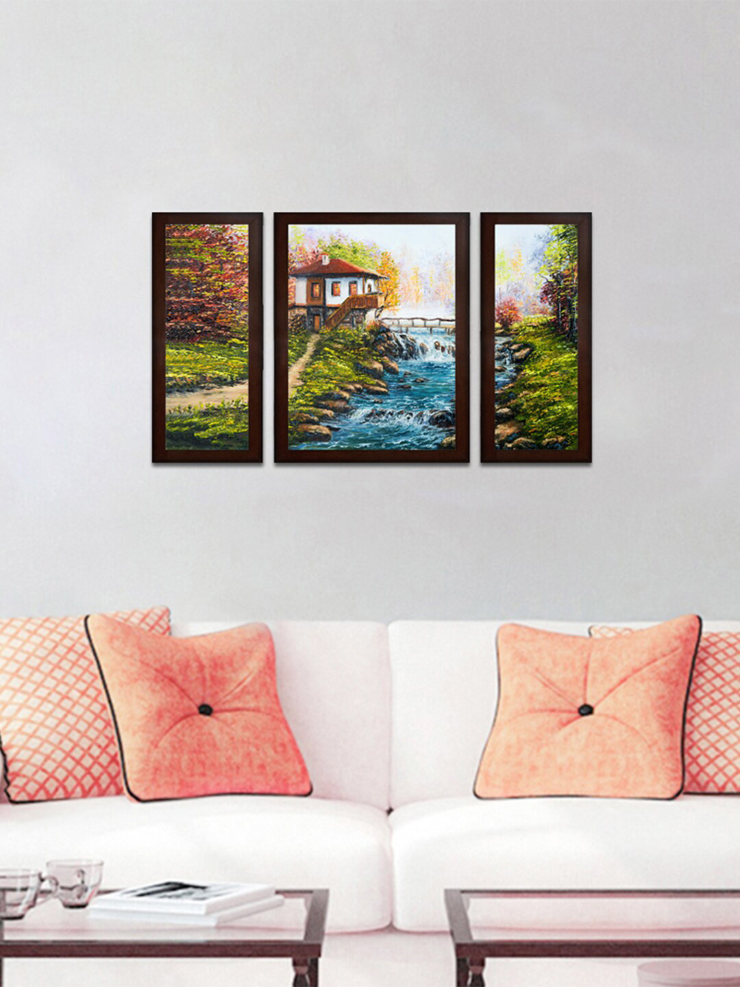 WENS Set Of 3 Green & Blue Village View Wall Painting