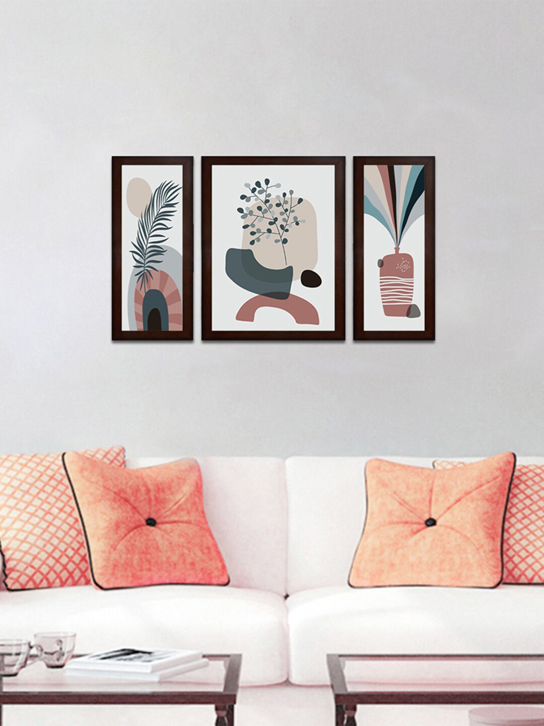 WENS Set Of 3 Cream & Green Admire With Flowers Wall Painting