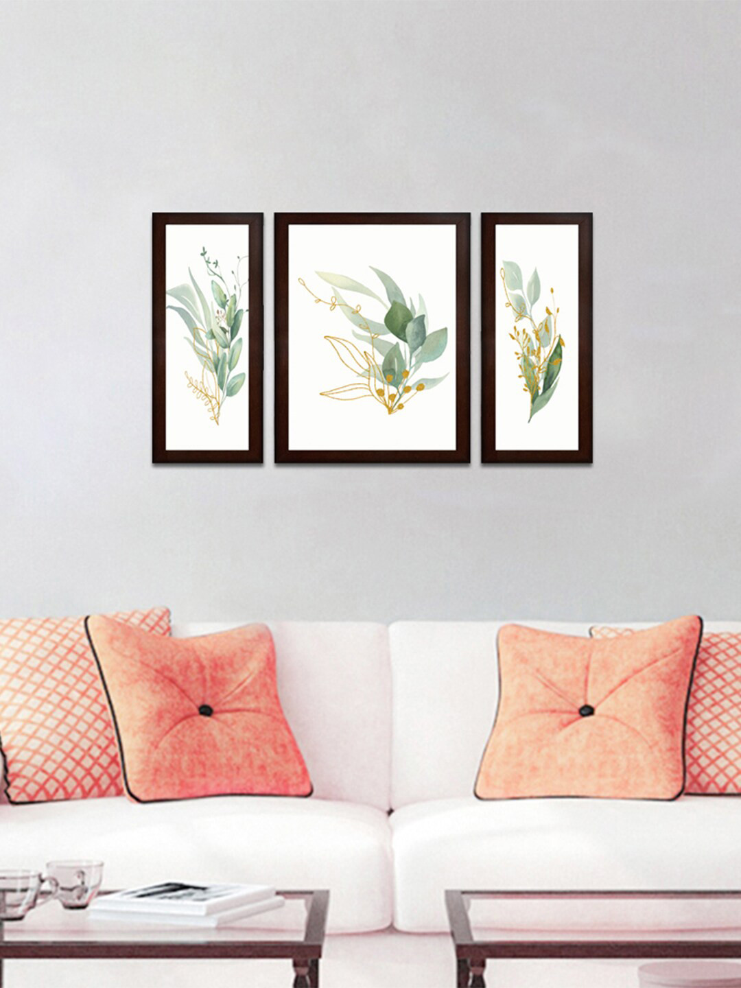 WENS Set of 3 White & Green Flower Decor Wall Painting