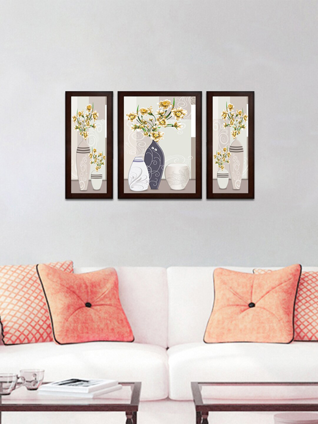 WENS Set Of 3 Cream & Yellow  Flowers With Pot Wall Painting