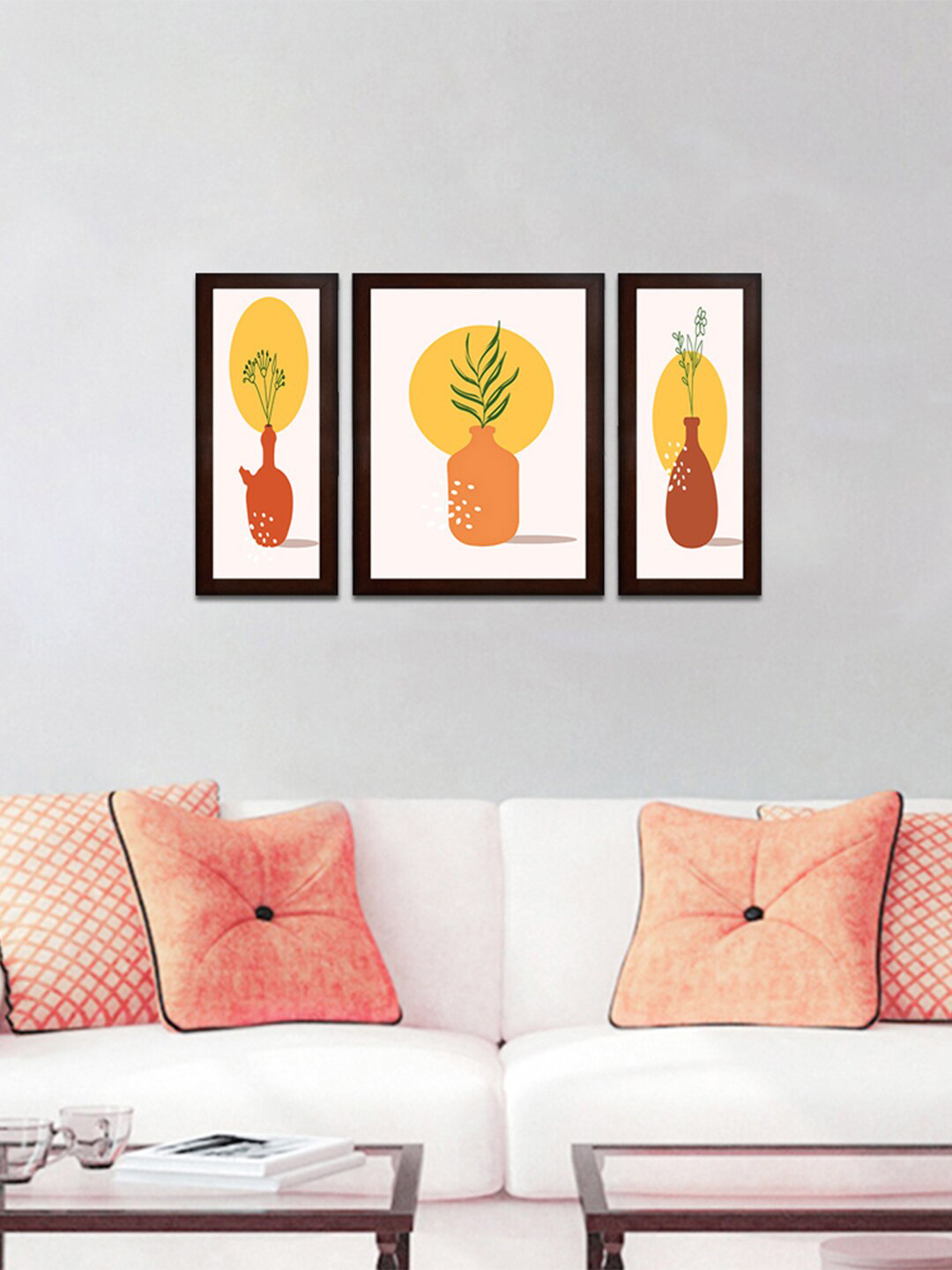 WENS White & Yellow Set Of 3 Vase Wall Art