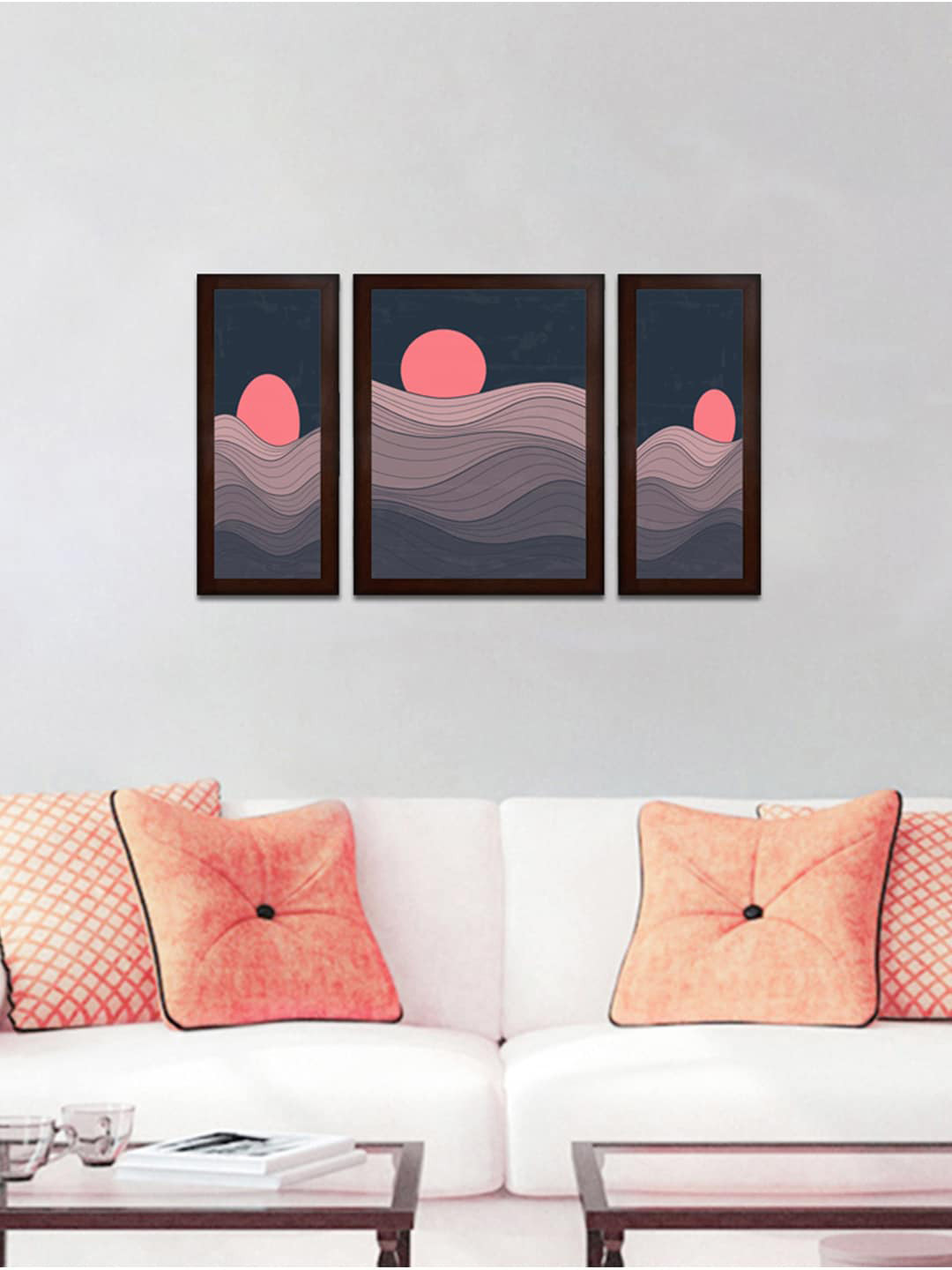 WENS Set Of 3 Blue & Pink Sun Set Of Village With Lake Wall Art