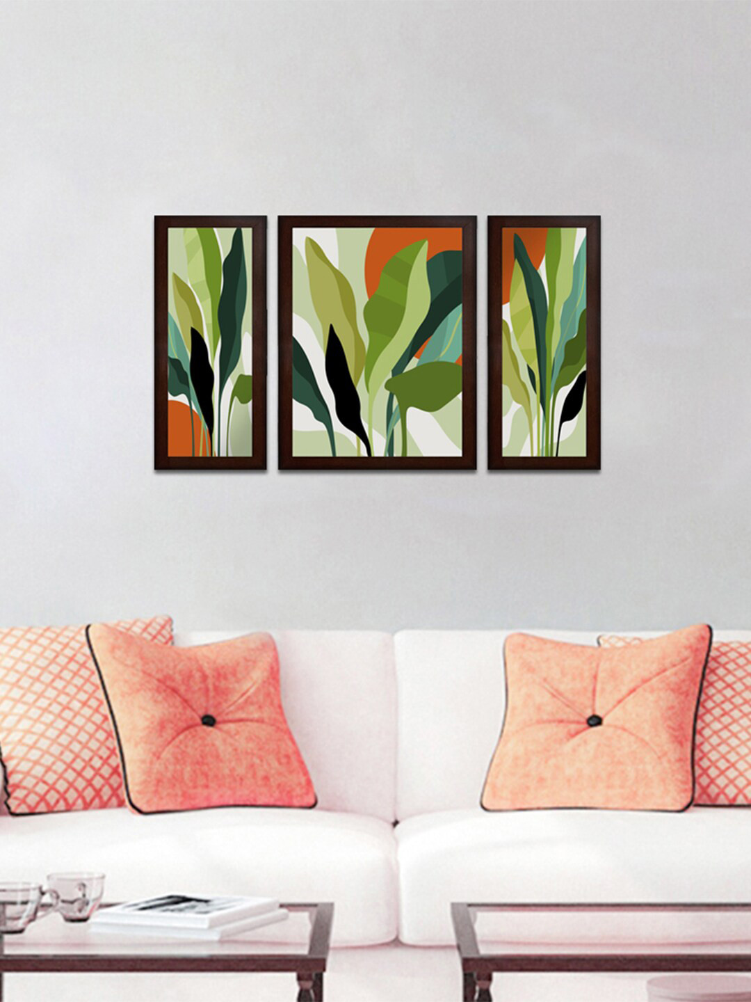 WENS Set Of 3 Green & Orange Flower Hues MDF Wall Painting