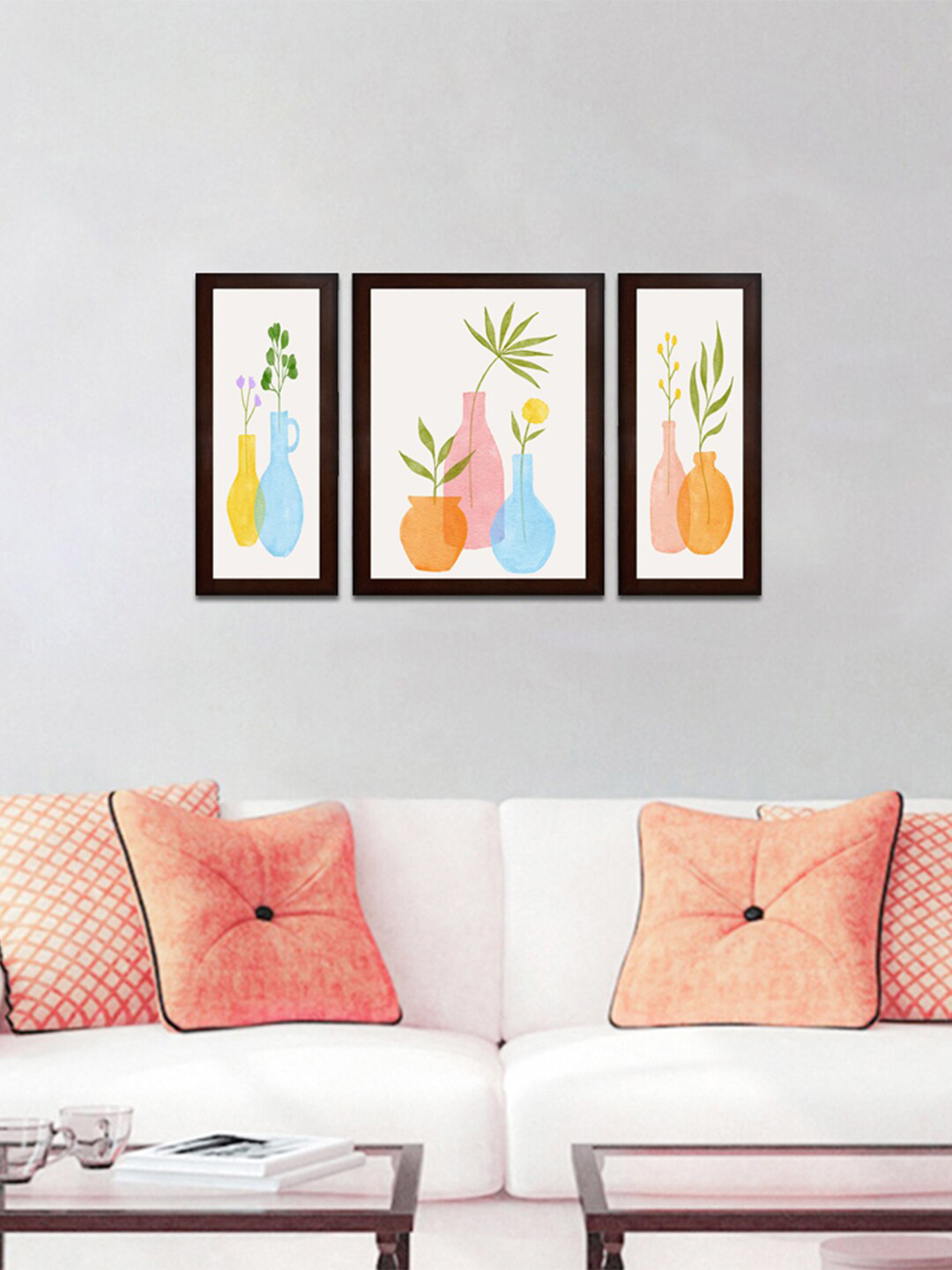 WENS Set Of 3 Off White & Orange Flower Wall Painting