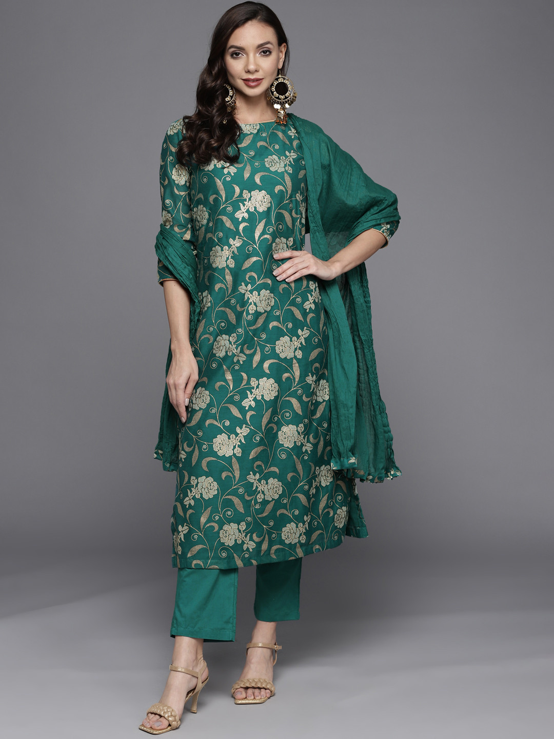 Biba Women Green & Golden Ethnic Motifs Printed Kurta with Trousers & With Dupatta