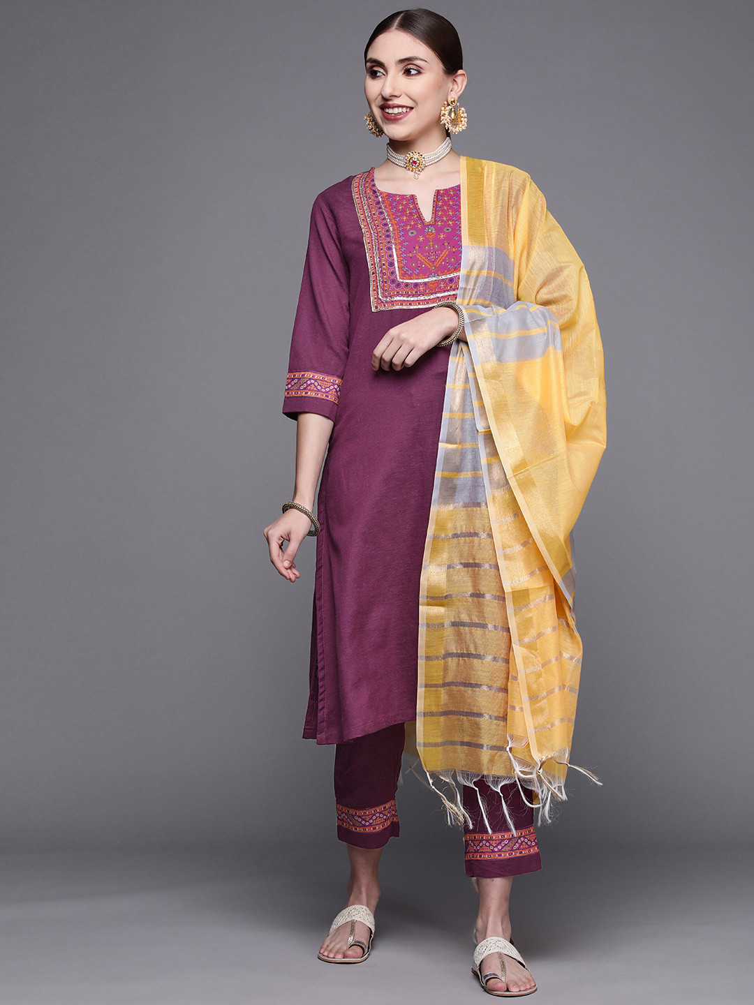 Biba Women Burgundy & Yellow Yoke Design Gotta Patti Kurta with Trousers & Dupatta