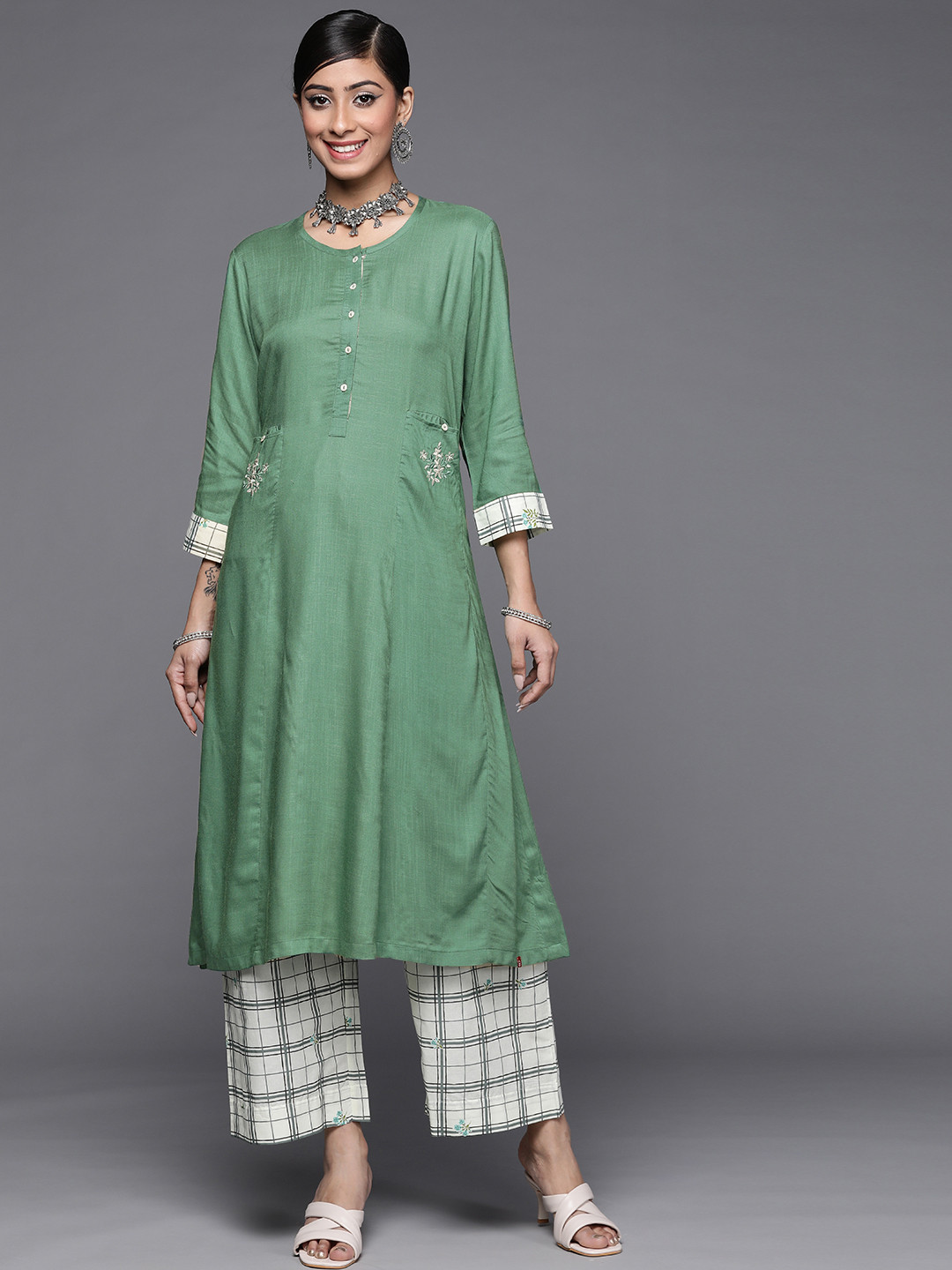 Biba Women Green Thread Work Kurta with Palazzos