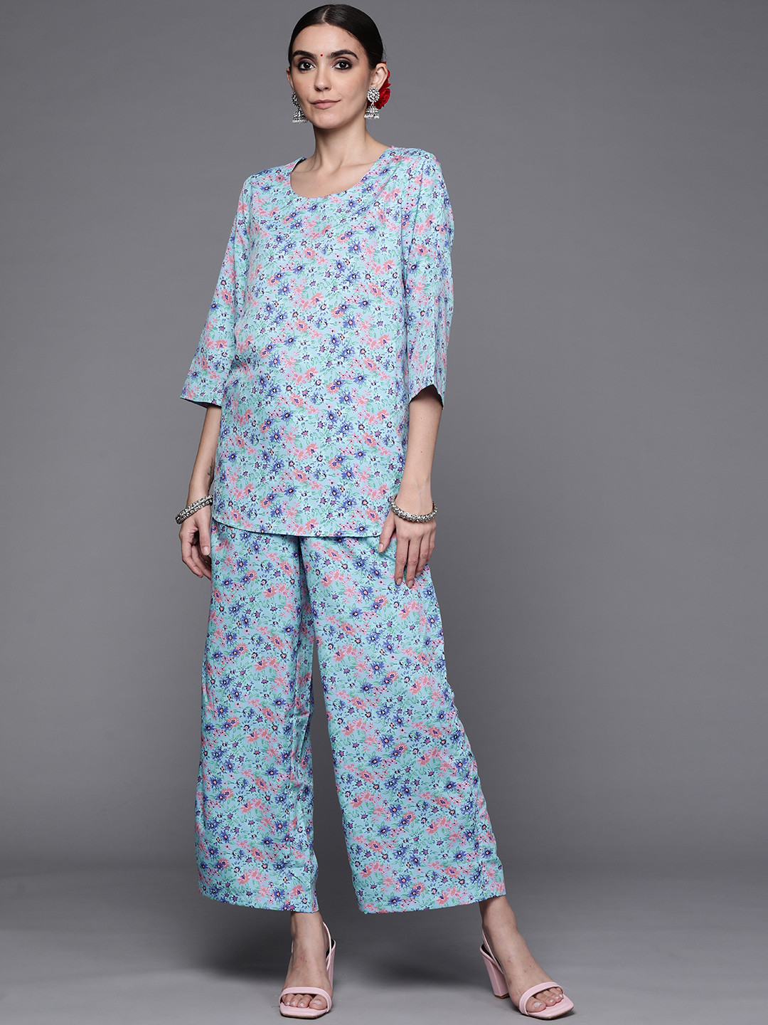 Biba Women Blue Floral Printed Kurti with Palazzos