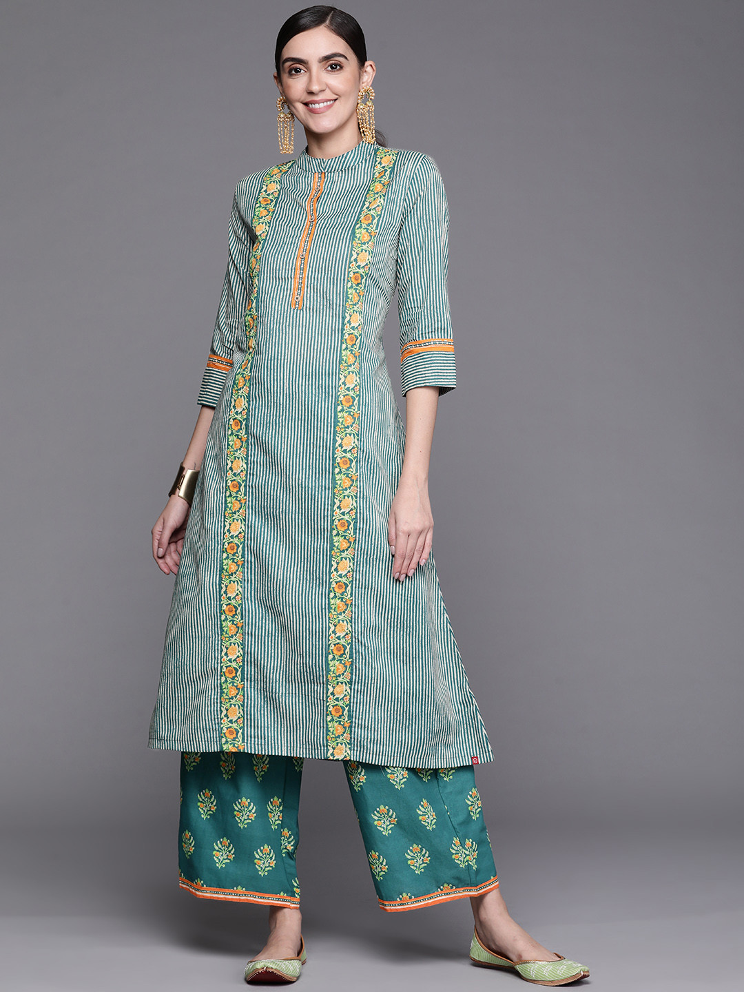 Biba Women Teal Green & Off-White Printed Pure Cotton Kurta with Palazzos