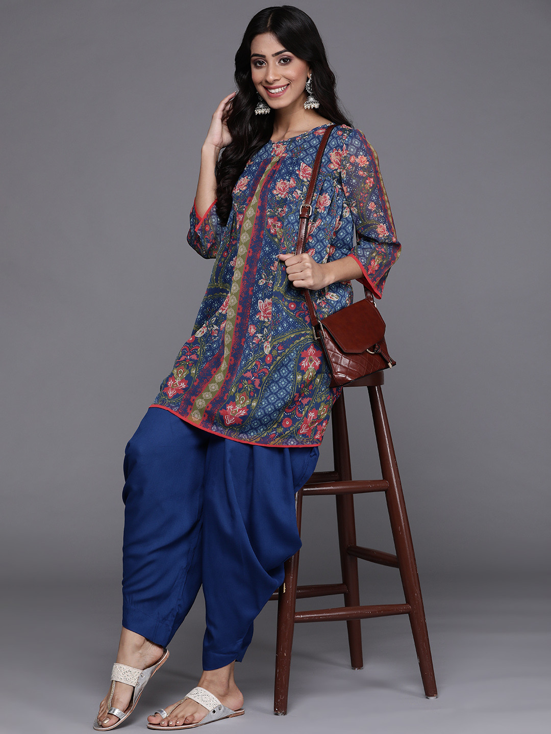 Biba Women Navy Blue Printed Kurti with Patiala