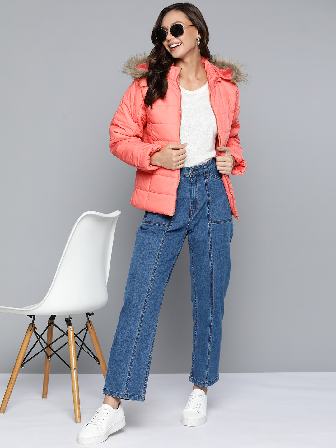 HERE&NOW Women Coral Pink Solid Parka Jacket