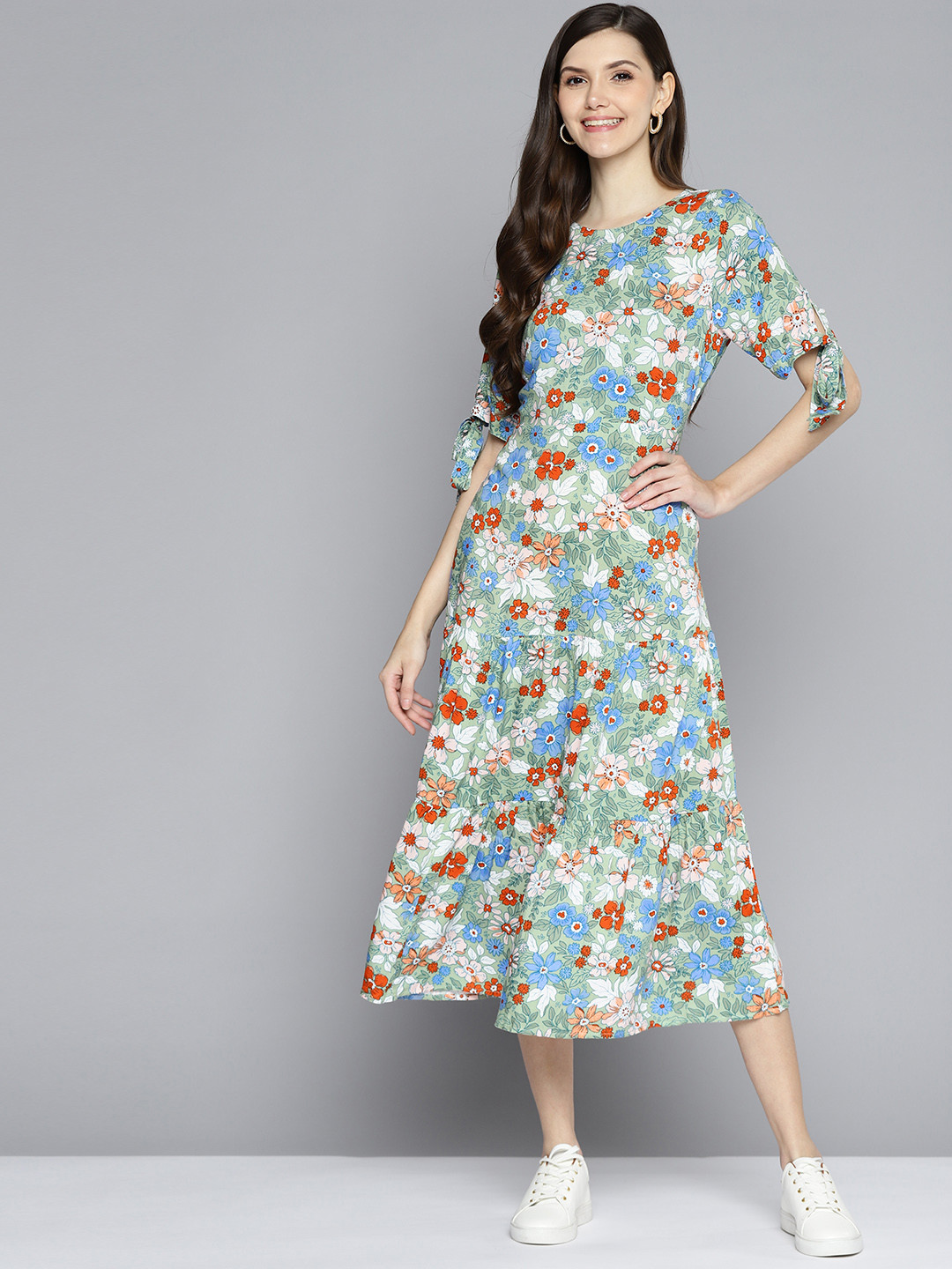 Mast & Harbour Green & Blue Floral Print A-Line Midi Dress