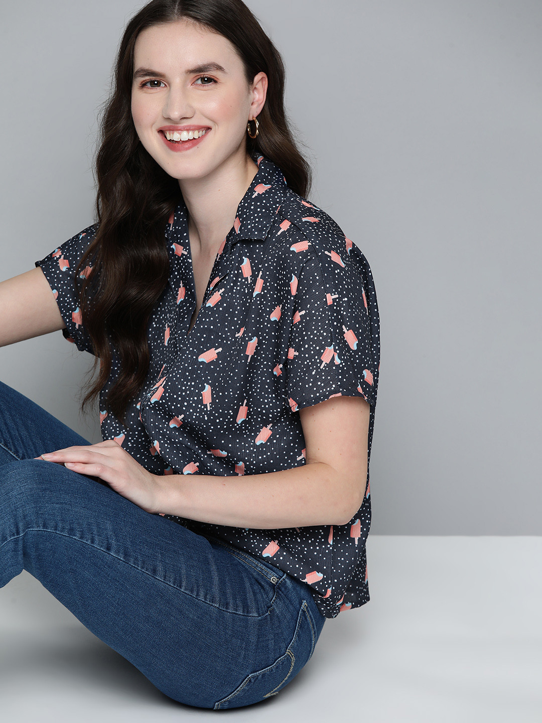 Mast & Harbour Navy Blue & Peach-Coloured Printed Boxy Fit Casual Shirt