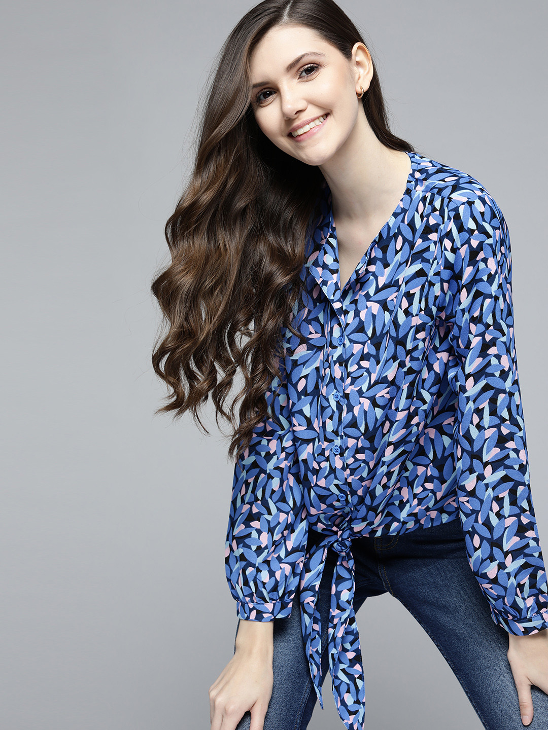 Mast & Harbour Navy Blue & Pink  Print Shirt Style Top