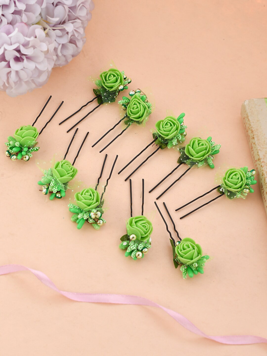 Silvermerc Designs Women Set of 10 Green & Black Embellished U Pins