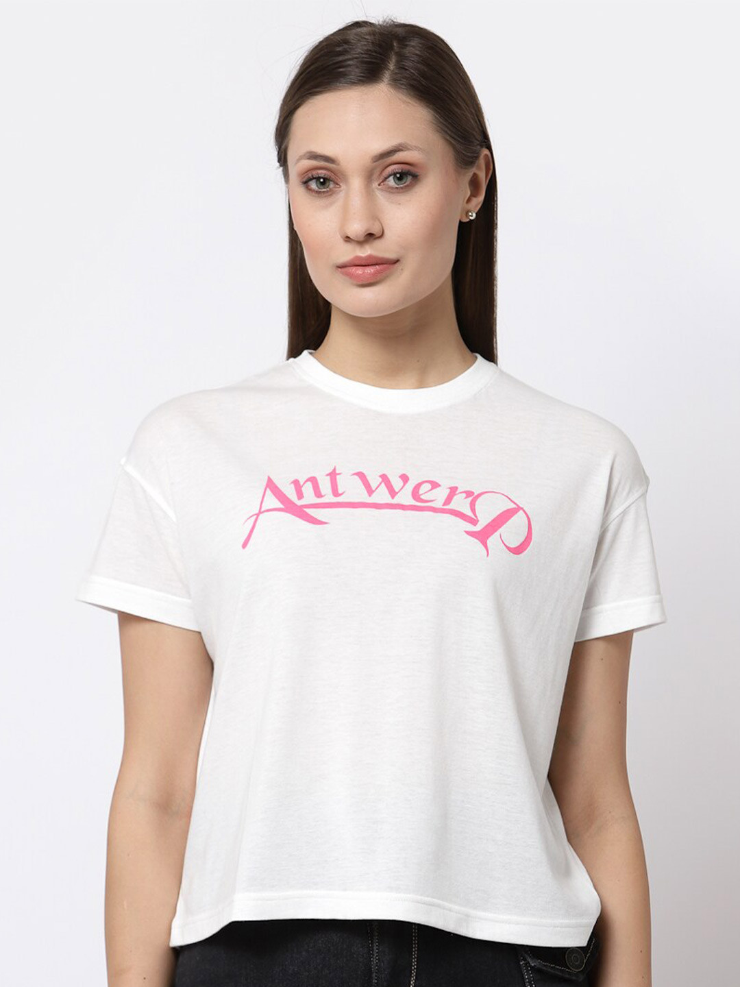 Club York Women White Typography Printed round Neck Short Sleeve T-shirt