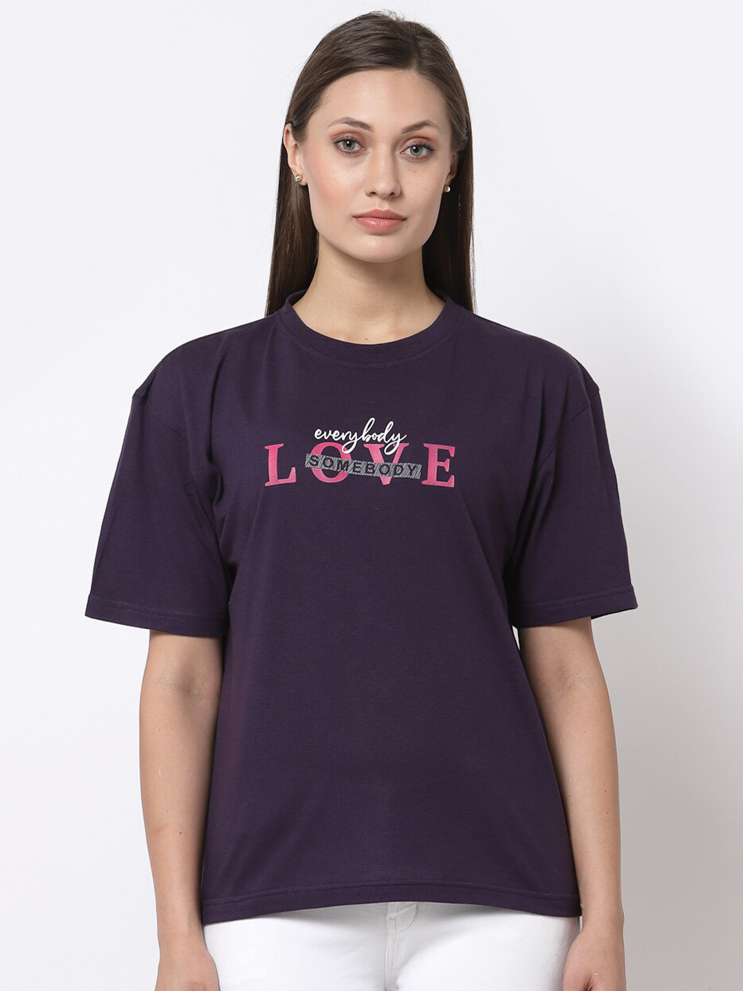 Club York Women Purple Solid Typography Printed T-shirt