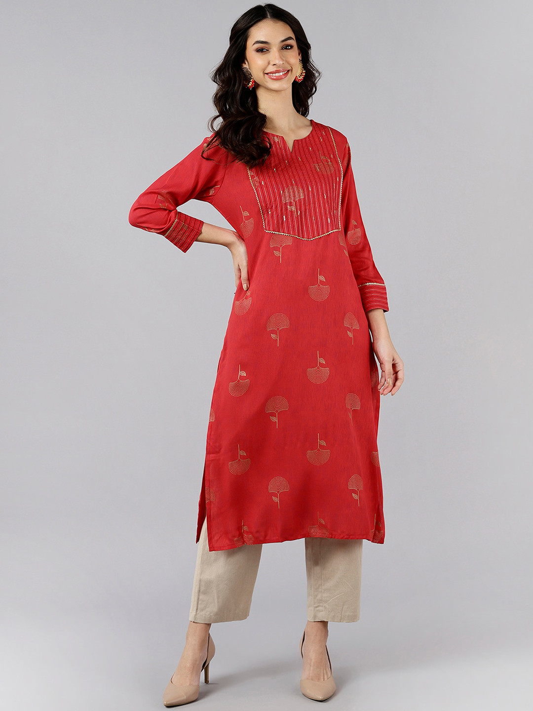AHIKA Women Red Ethnic Motifs Embroidered Cotton Kurta
