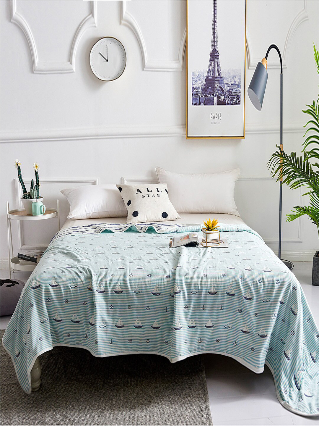 JC HOME Green & White Striped Summer 350 GSM Double Bed Blanket