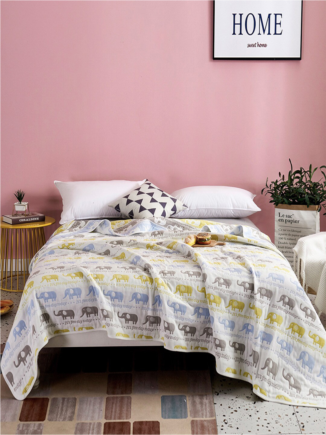 JC HOME White & Blue Cartoon Characters Summer 350 GSM Single Bed Blanket