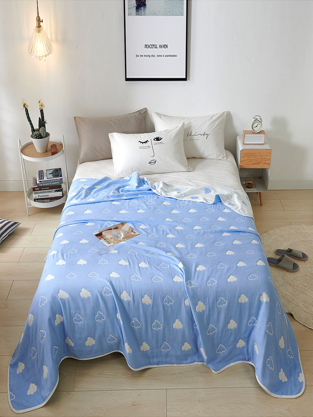 JC HOME Blue & White Summer 350 GSM Double Queen Bed Blanket