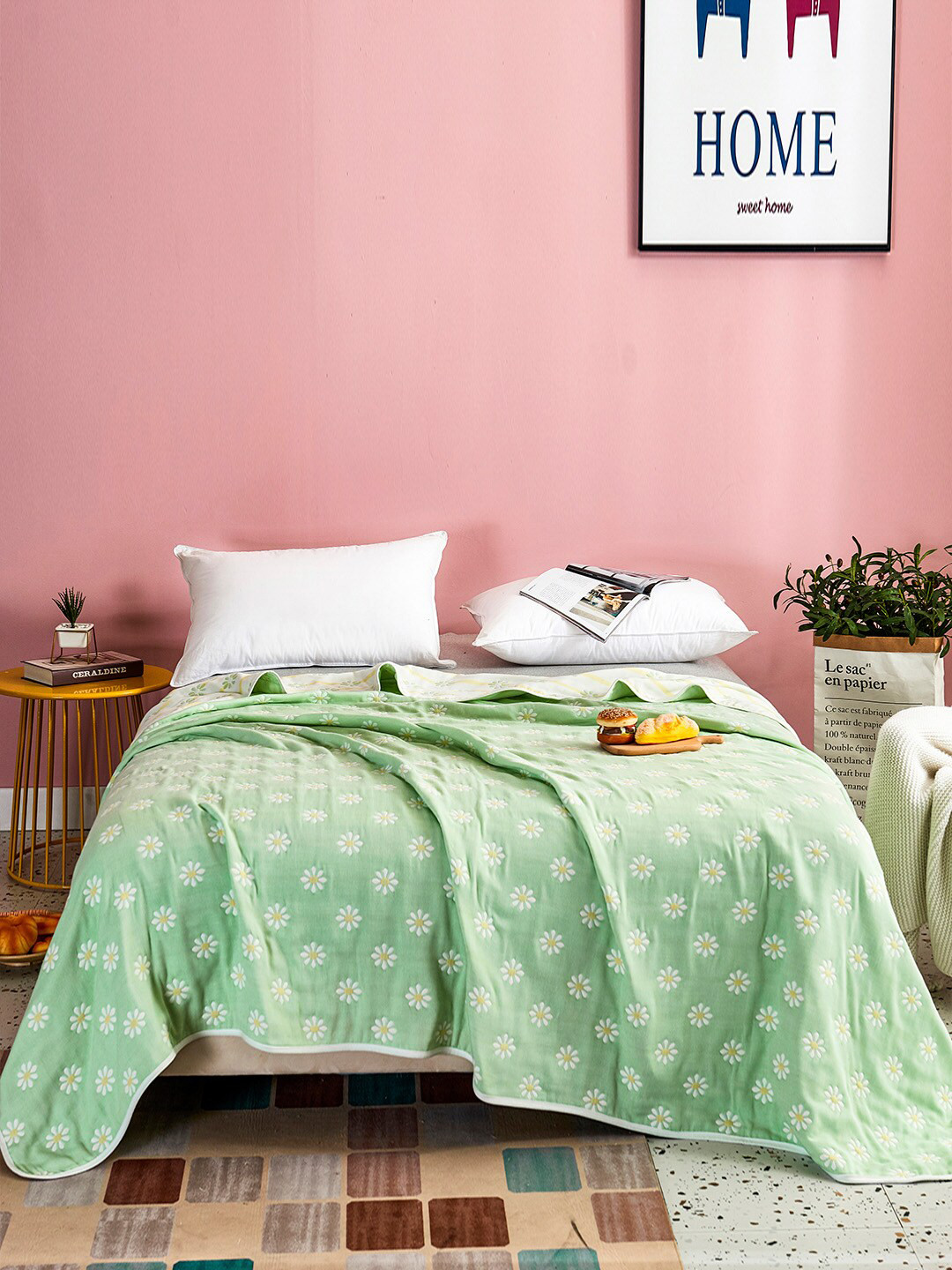 JC HOME Green & White Floral Summer 350 GSM Double Queen Bed Blanket